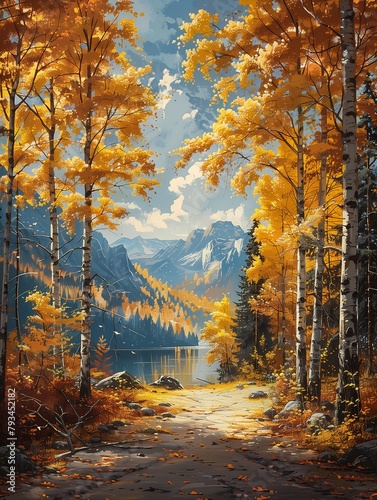 scenic scene lake trees scattered golden flakes coherent brilliant peaks silver yellow immaculate shading forests photo