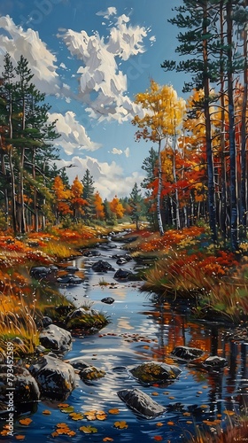 stream forest trees rocks warm rendition autumn full reflections wyoming korean furry waterways young photo
