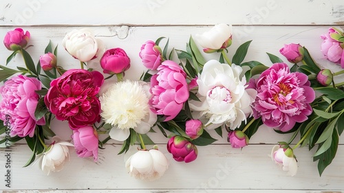 A stunning arrangement of elegant peonies set against a pristine white wooden backdrop evokes the essence of joyous celebrations such as weddings Valentine s Day International Women s Day a © 2rogan