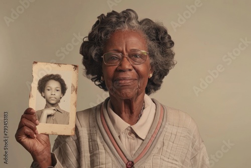 Senior Black woman standing, holding a worn photograph of her younger self photo