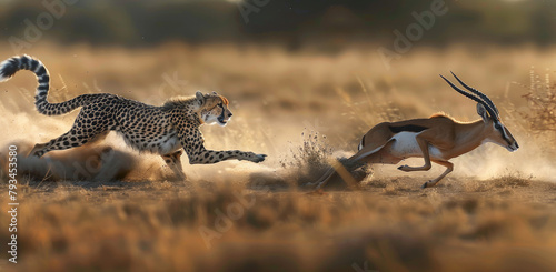 A cheetah chases an antelope in the savannah