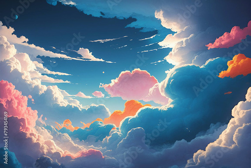 Anime style illustration of summer sky and thunderclouds | 夏の空と入道雲のアニメ風イラスト photo