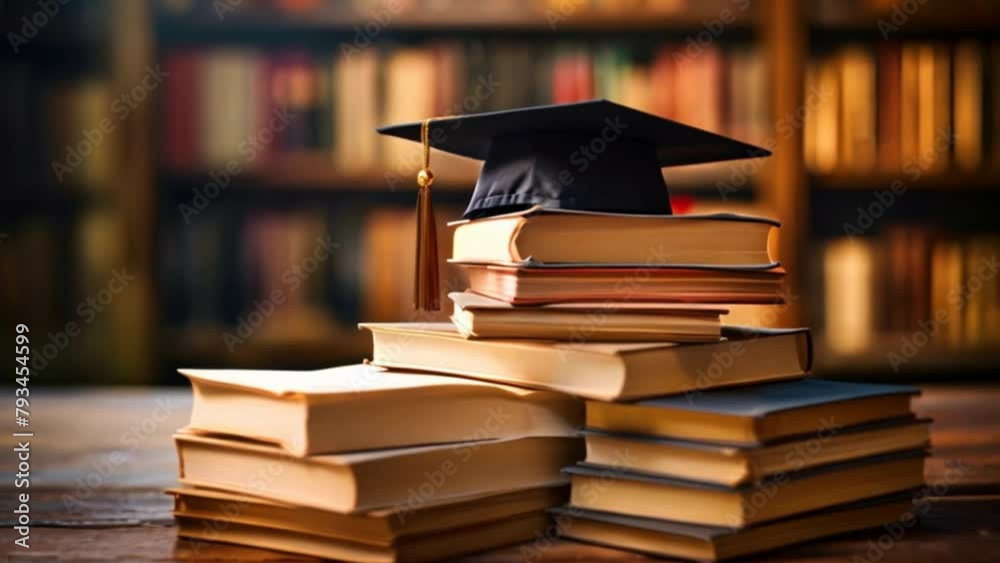 A stack of books with a graduation cap on top of it in the library.