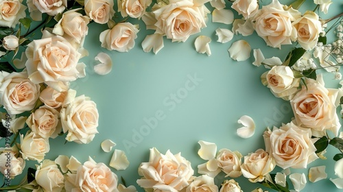 Gorgeous cream roses are elegantly arranged against a backdrop of refreshing neo mint green creating a stunning floral composition with a frame like border This top view shot offers ample s photo