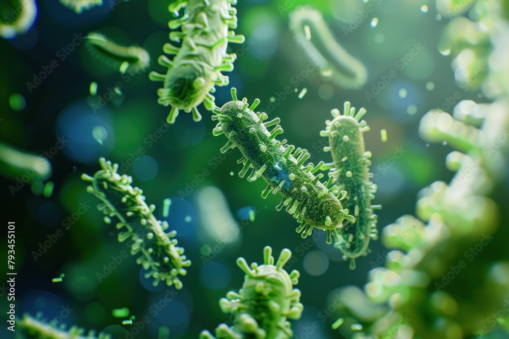 Close-up of green bacteria-like structures, possibly digital illustration of microbes. Close-up of green bacteria-like structures, possibly digital illustration of microbes.