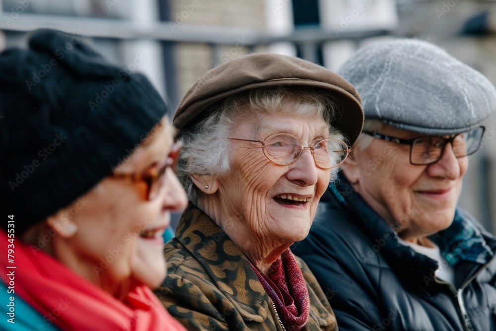 Outdoor portrait of happy senior women in hats and scarfs smiling.