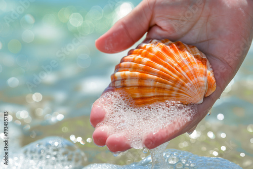 Closeup of hand holding beautiful seashell on the beach, water drops and bubbles