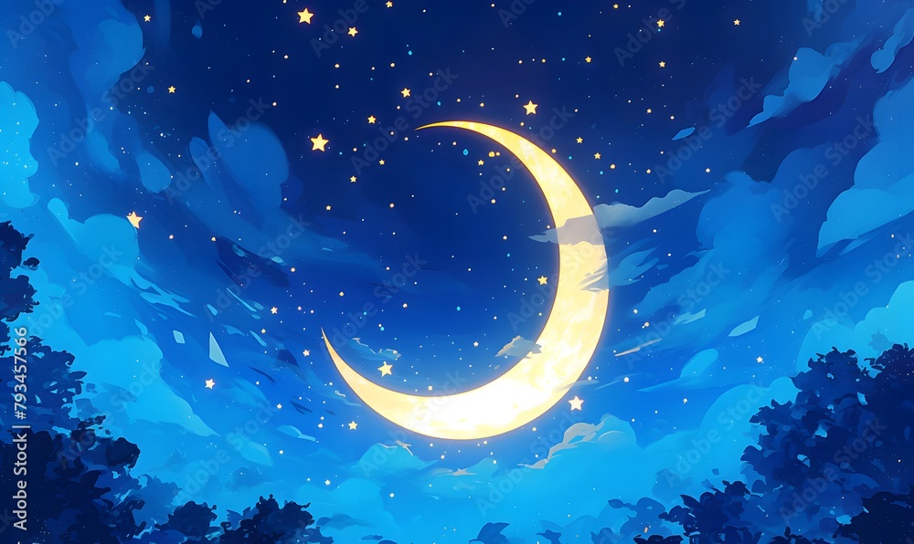 Naklejka premium illustration of a bright moon highlighting the night starry sky, Generative AI