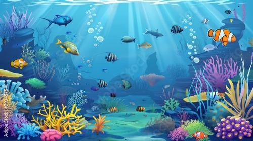 Beautiful underwater view with fish and coral and sunlight