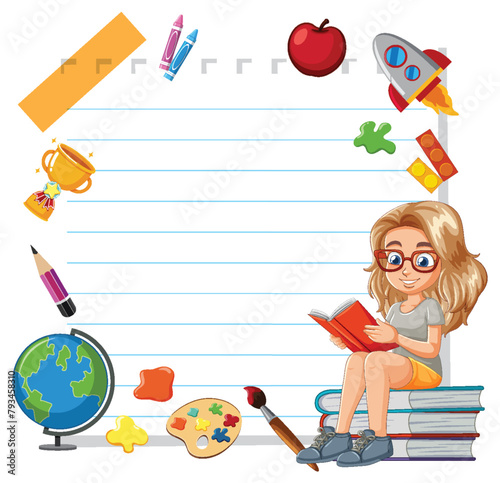 Girl reading book surrounded by educational icons