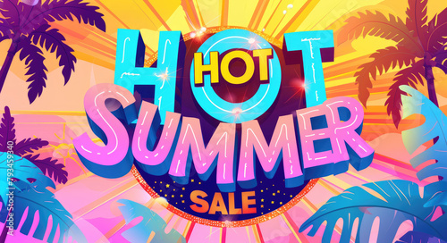 "HOT SUMMER SALE" is written in colorful, playful and vibrant typography on a bright background with palm trees and sun rays.