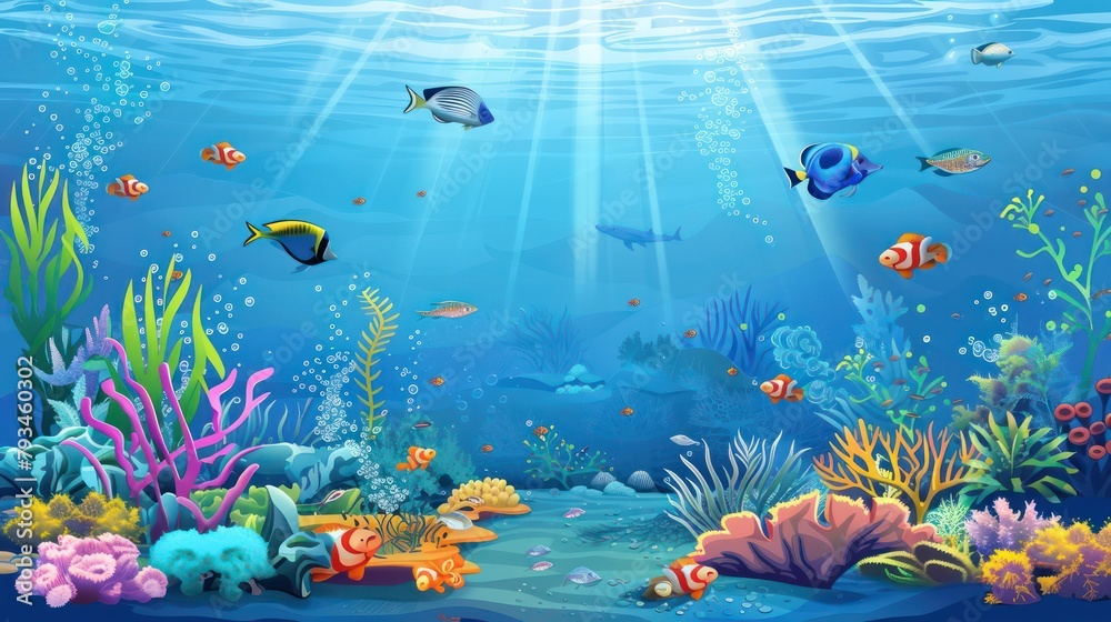 Naklejka premium Beautiful underwater view with fish and coral and sunlight