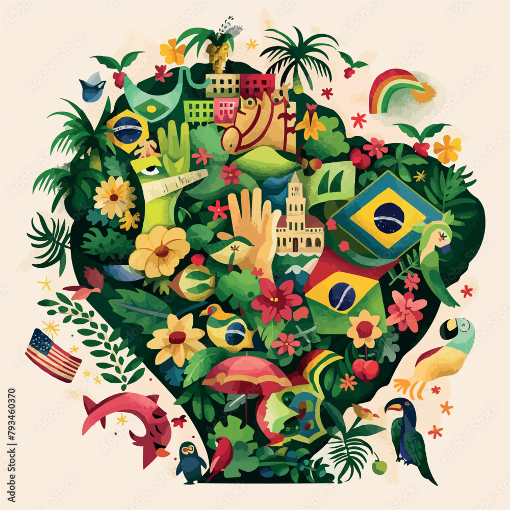 a colorful illustration of a tropical country with a lot of things, vector