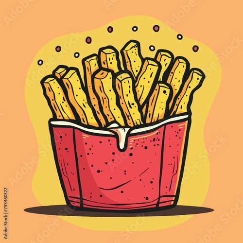 a red bucket filled with french fries on a yellow background, vector