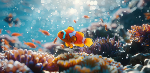 Beautiful tropical fish school swimming in the ocean, with a blue background and sunlight reflection