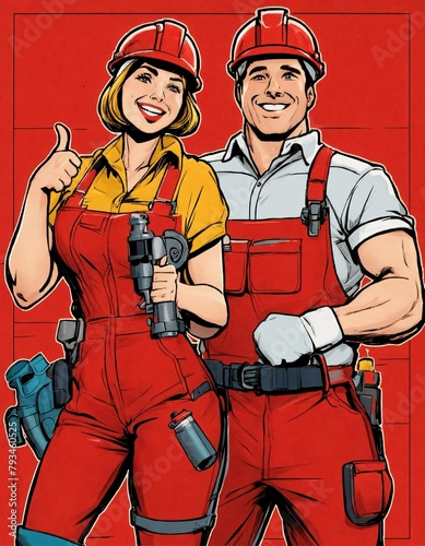 two workers in red