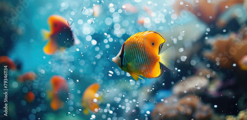 Beautiful tropical fish school swimming in the ocean, with a blue background and sunlight reflection