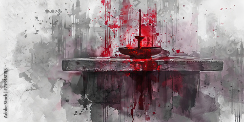 Sacrifice: The Altar and Bloodied Knife - Visualize an altar with a bloodied knife, illustrating the willingness of cult members to make sacrifices for their beliefs photo