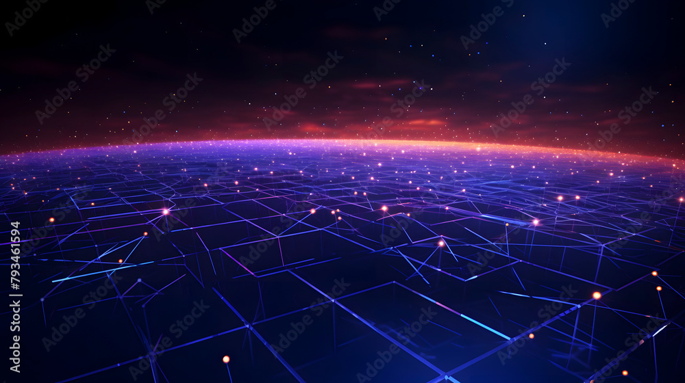 Obraz premium Digital technology dots and lines grid as detailed glowing neon landscape PPT background