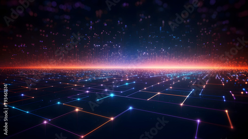 Digital technology dots and lines grid as detailed glowing neon landscape PPT background