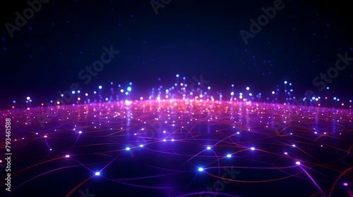 Digital technology dots and lines grid as detailed glowing neon landscape PPT background