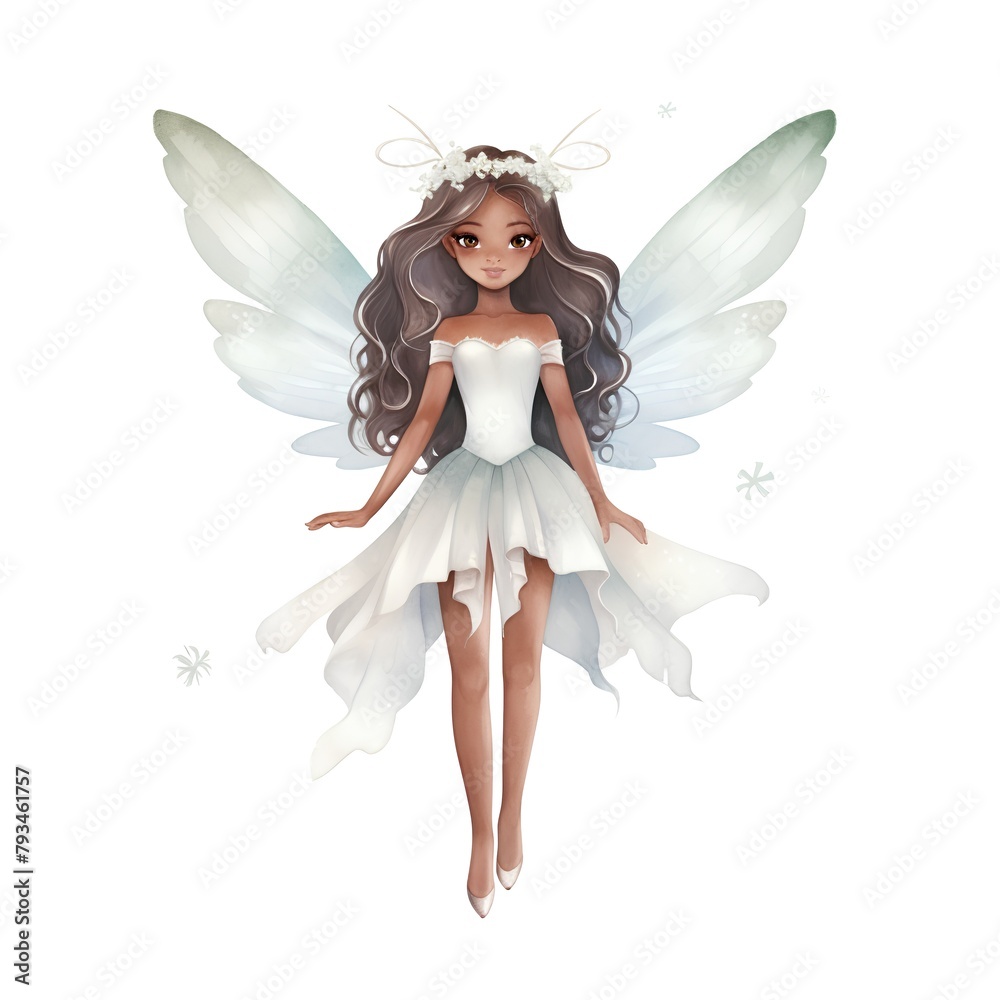 Cute watercolor fairy with wings isolated on a white background.