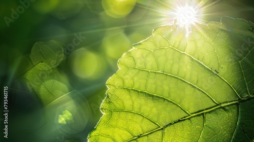 Sun shining through a radiating green leaf. AI generated