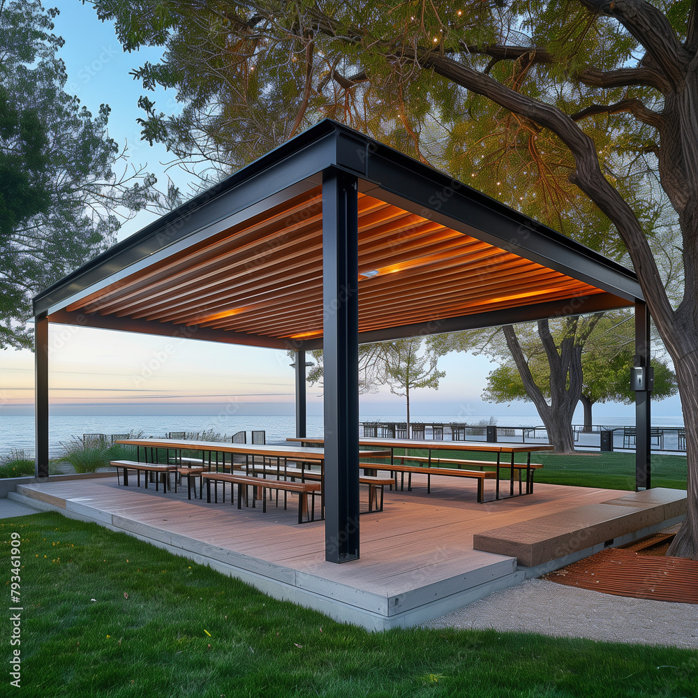 Shoreline Picnic Area with Raised Pavilions for Scenic Views Shoreline Picnic Area with Raised Pavilions for Scenic Views