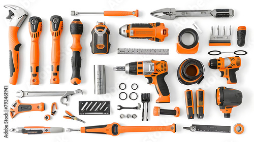 home improvement tools, including orange and black / orange scissors, are arranged on a transparent photo