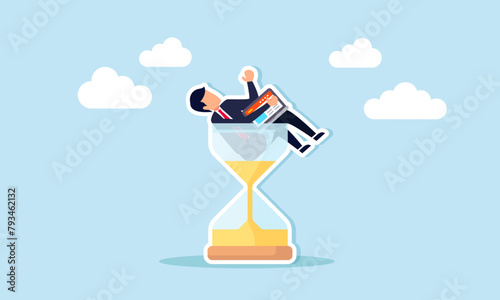 Racing against deadline, project nears completion, time management crucial for timely delivery, concept of Focused businessman works within hourglass timer, mindful of time ticking down