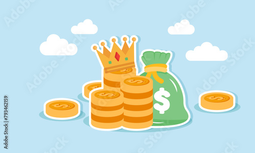 In times of crisis, cash reigns supreme as investors prepare to purchase stocks, concept of Stack of dollar coins and money bag crowned with golden king's crown
