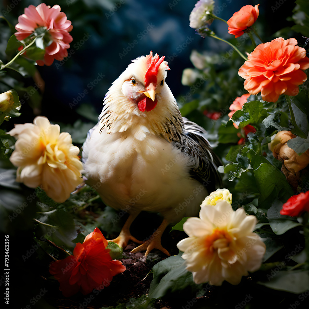 꽃 사이에 앉아있는 닭