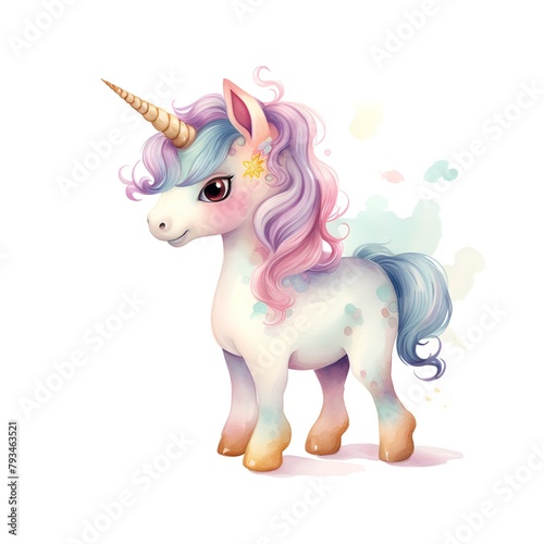 Cute watercolor unicorn. Hand drawn illustration isolated on white background.