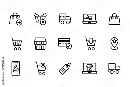 E-commerce Marketplace icon set. Online shopping and cart elements. E-business symbol. Outline icons vector collection.