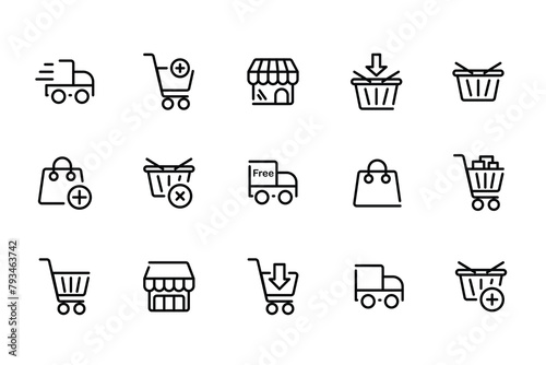 E-commerce Marketplace icon set. Online shopping and cart elements. E-business symbol. Outline icons vector collection.
