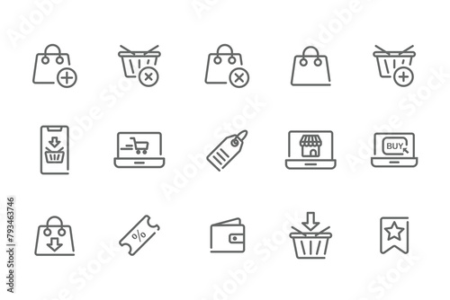 E-commerce Marketplace icon set. Online shopping and cart elements. E-business symbol. Outline icons vector collection.