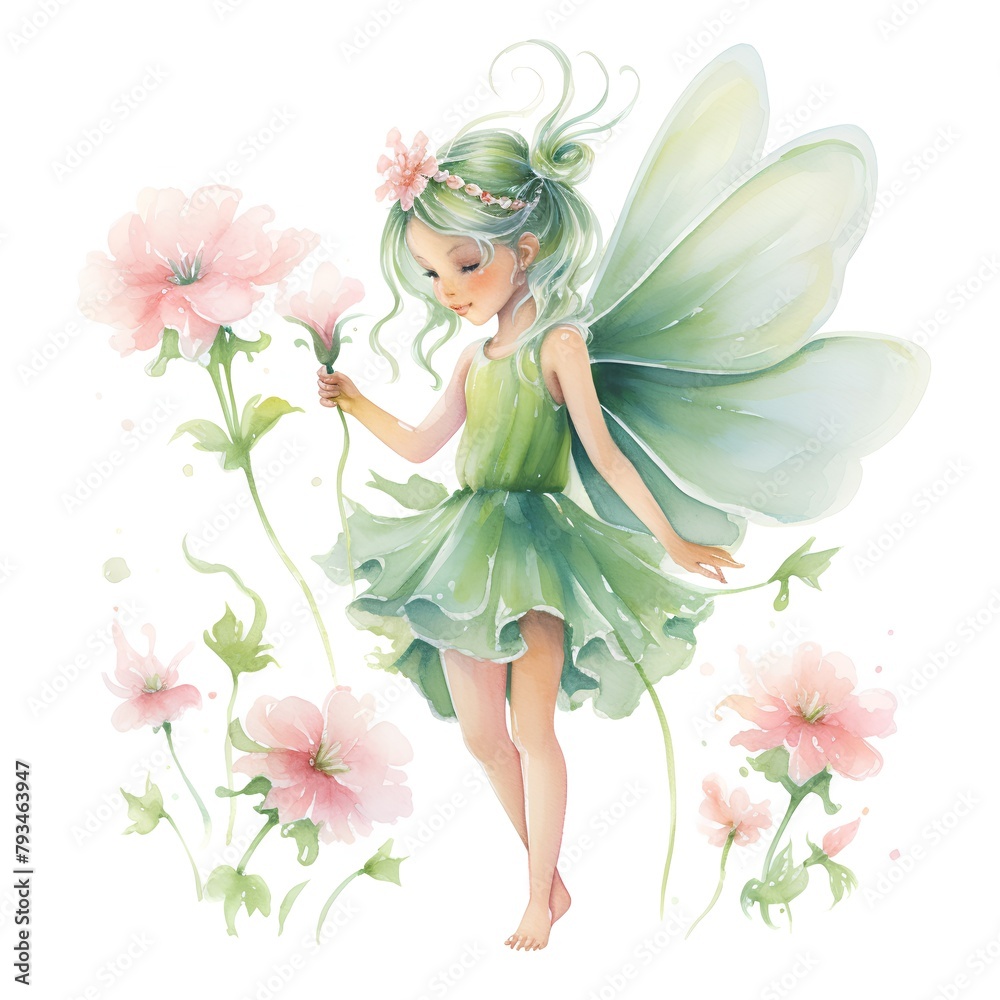 Watercolor fairy with flowers. Hand drawn illustration isolated on white background