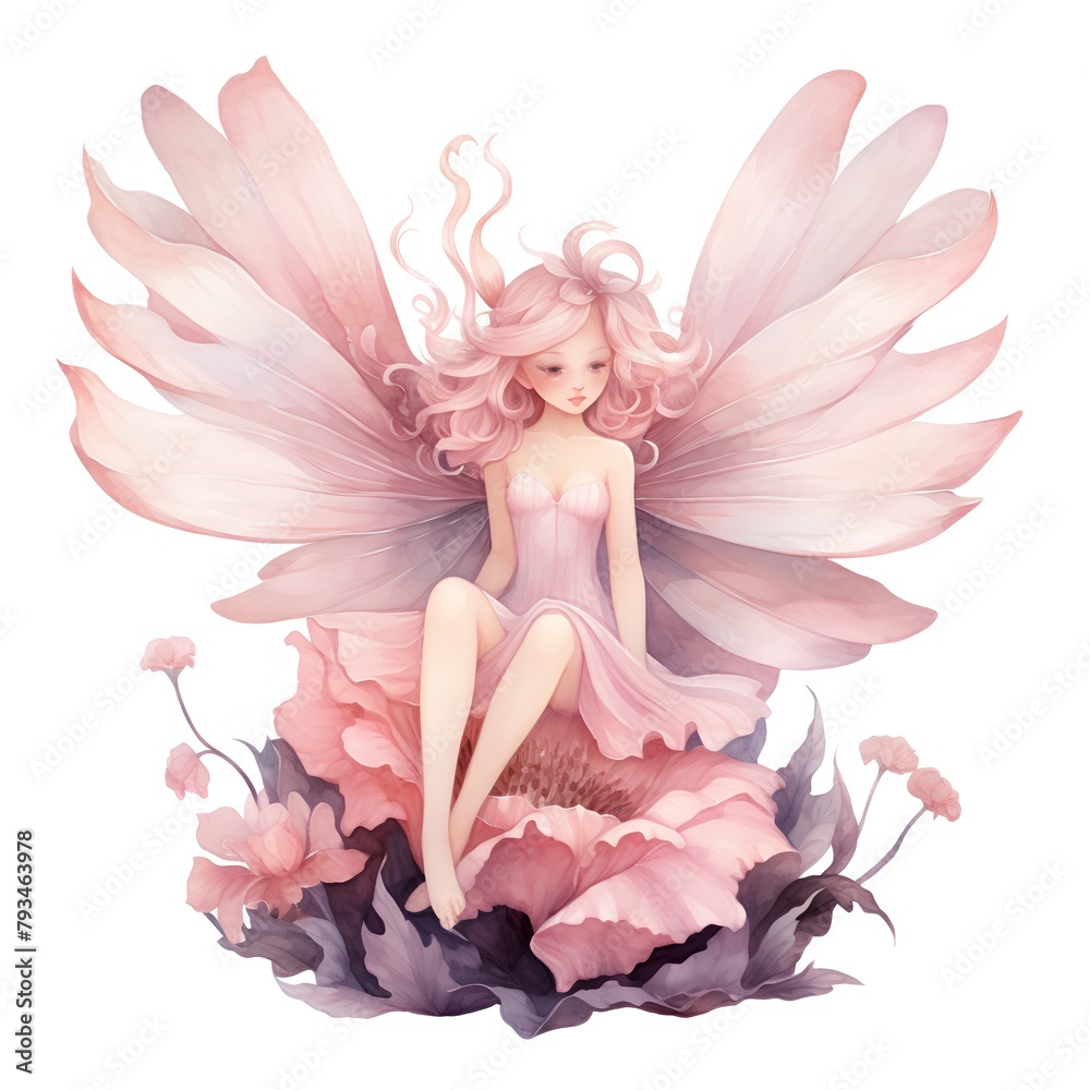 Beautiful watercolor fairy with pink wings and flowers. Vector illustration.