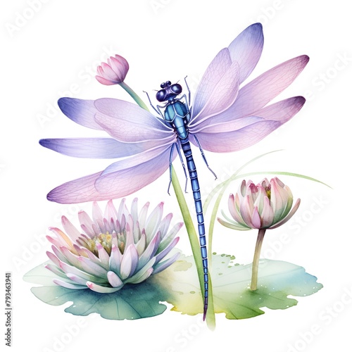 Beautiful vector image with nice watercolor dragonfly and lotus