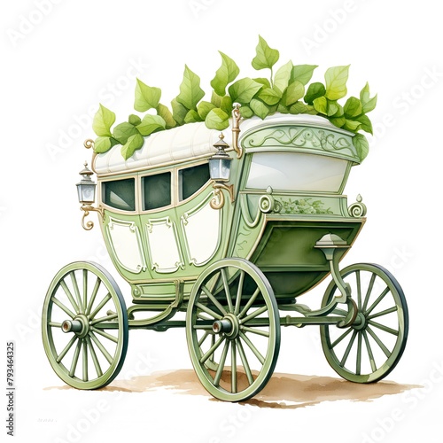 Vintage carriage with green leaves isolated on white background. Watercolor illustration photo