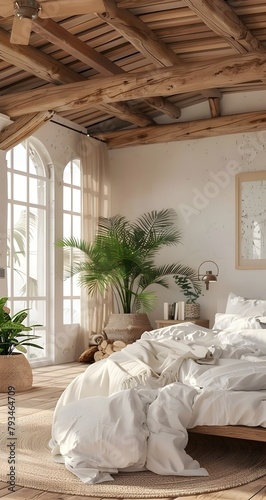 A bed in the center of an open space, with white linen sheets and pillows on it, large tropical plants in pots next to them