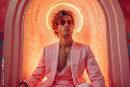 Arrogant young narcissist man in a fashion suit and in glasses looking up at camera and a halo glows above his head. Male narcissism concept photo