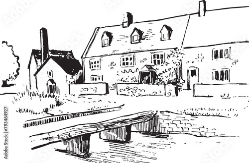 Cotswold Village ink sketch. British countryside vector drawing. Cottages, towers, rivers scene illustration.
