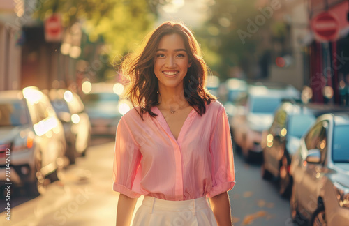A beautiful woman in her late thirties, wearing an elegant pink blouse and white skirt is smiling while walking down the street © Kien