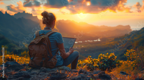 Capture the essence of digital nomadism with a striking visual at eye level Illustrate a person working remotely in a picturesque location symbolizing freedom and flexibility