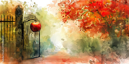 Exclusivity: The Locked Gate and Forbidden Fruit - Visualize a locked gate with a forbidden fruit behind it, illustrating the exclusivity and allure of secret knowledge in cults