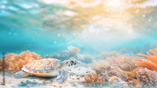 Sea turtle swims in the sea under water among the bright coral reefs