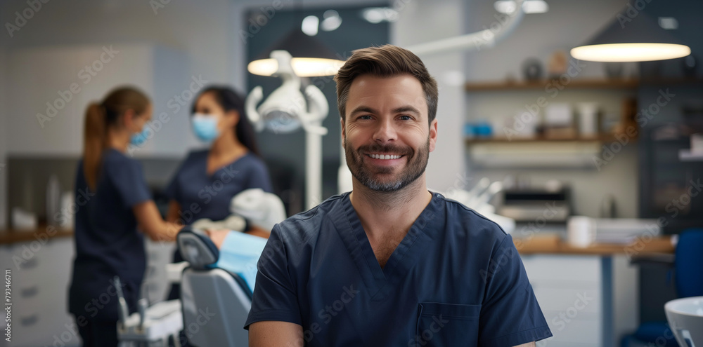 Portrait of a smiling handsome male dentist in dark grey uniform, against the background of a blurred dental office Portrait of a smiling handsome male dentist in dark grey uniform, against the background of a blurred dental office