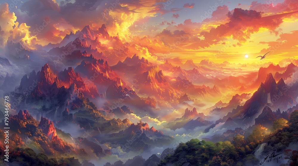 Surreal artwork of a bird flying over fiery mountains with clouds and a radiant sunset sky