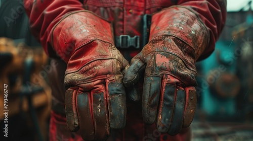 The iron welder wears vibrant red leather protective gloves designed for men to ensure safety while working photo